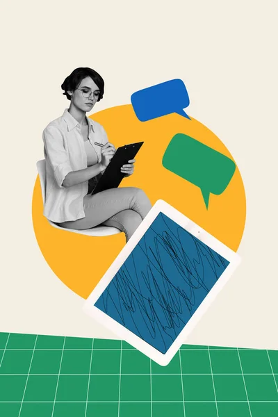 Poster Collage Vertical Assis Jeune Femme Écrivant Énorme Communication Tablette — Photo