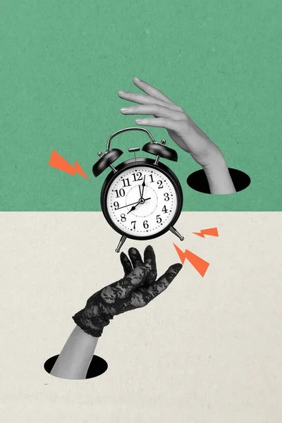 Vertical Photo Collage Artwork Poster Human Arm Pressing Ringing Clock — Stock Photo, Image