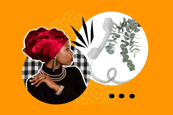 Composiet Collage Beeld Van Aantrekkelijke Afrikaanse Vrouwelijke Retro Telefoon Praten — Stockfoto