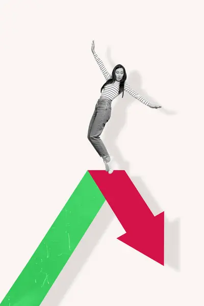 Illustration Verticale Collage Affiche Rétro Peur Jeune Femme Debout Équilibrage — Photo