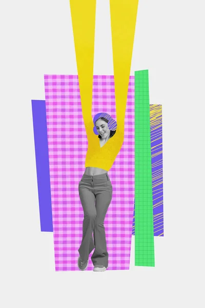 Vertical creative collage image pretty joyful beautiful young woman dance chill music alone enjoy neon poster colorful white background.