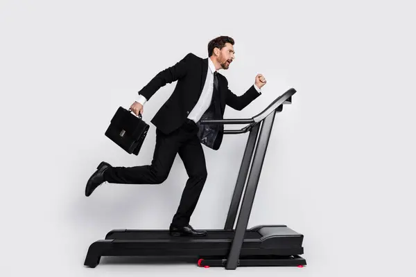 Full Size Profile Photo Elegant Sporty Man Run Treadmill Empty — Stock Photo, Image