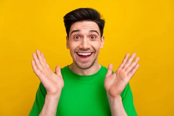 Photo Portrait Nice Young Brunet Male Raise Hands Excited Shocked — Stock Photo, Image