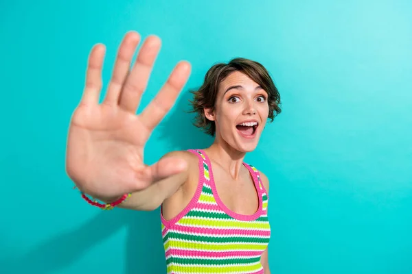 Portrait Funky Cheerful Person Arm Palm Waving Give High Five — Stock Photo, Image