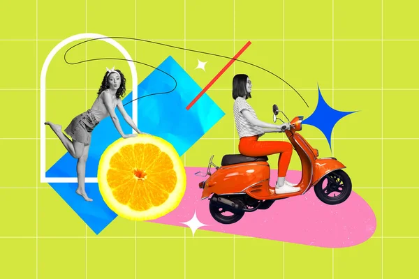 Collage banner creative summer advert of young two girls promoting orange fruit juice riding motorcycle isolated on green plaid background.