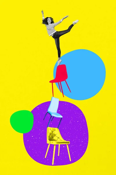Vertikale Kreative Collage Bild Von Lustigen Weiblichen Stand Halten Balance — Stockfoto