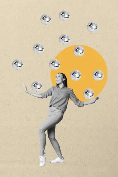 Sammansatt Collage Bild Roliga Unga Kvinnliga Dans Retro Discoballs Kul — Stockfoto