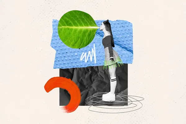 Magazin Minimale Illustration Collage Von Dame Bläst Luft Grün Natürliches — Stockfoto