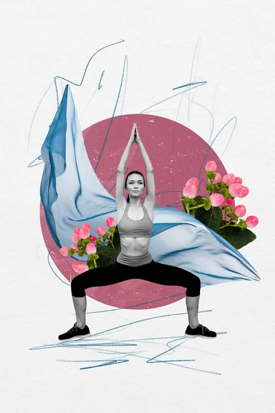 Collage Tendenza Creativa Graziosa Bella Femmina Yoga Stretching Fiori Fioritura — Foto Stock