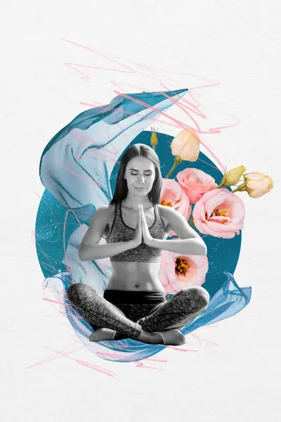 Composite Collage Picture Image Sportswoman Flower Blossom Training Meditate Yoga — Stock Photo, Image