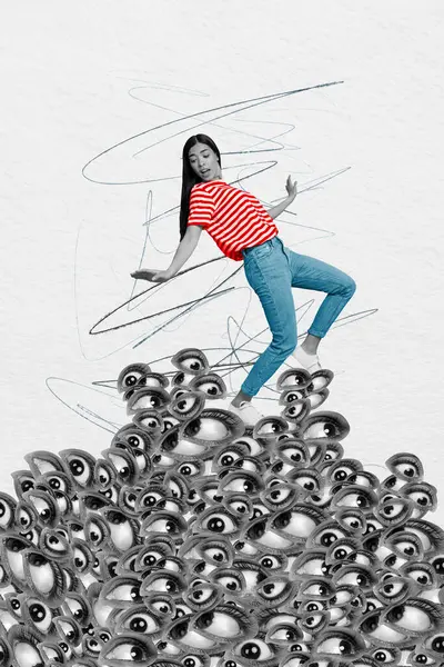Kreatywny Plakat Kolaż Młodej Kobiety Nerwowy Boi Stos Oczu Spadek — Zdjęcie stockowe