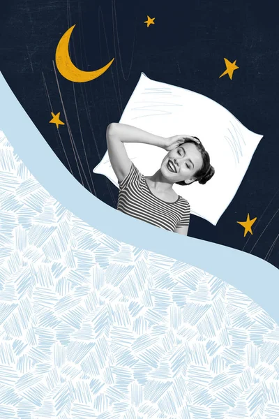 Collage Artwork Sketch Happy Cute Girl Sleeping Enjoying Sweet Dreams — Stock Photo, Image
