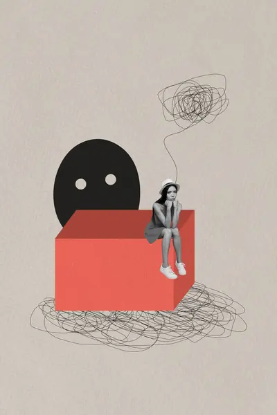 Креативный Плакатный Коллаж Сидящей Девушки Негативными Мыслями Депрессивным Монстром Странным — стоковое фото