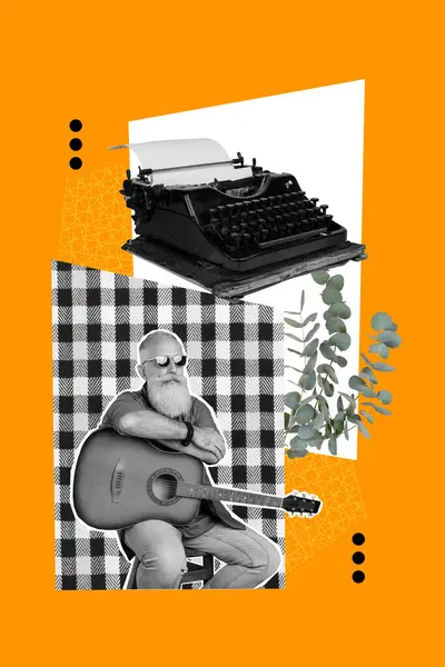 Vertical Creative Collage Poster Mature Man Guitarist Player Sitting Thinking — Stock Photo, Image
