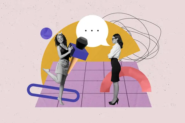 Composite Collage Picture Image Funny Girls Interview Communicate Speech Bubble — Stock Photo, Image