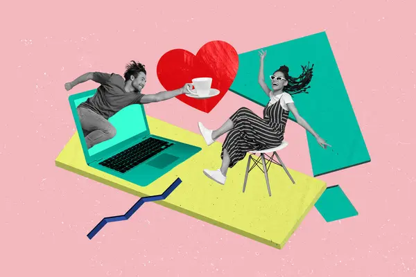 滑稽情侣网上约会情人节爱情概念广告牌漫画Zine极小概念的3D创作模板拼贴 — 图库照片