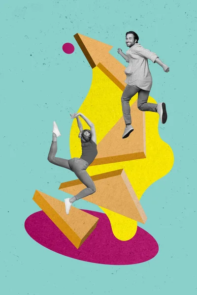 Verticale Collage Motivatie Placard Van Twee Jonge Concurrenten Team Klimt — Stockfoto