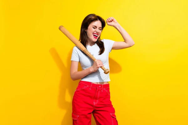 Portrait Satisfied Girl Retro Hairdo Wear White Shirt Hold Baseball — Stock Photo, Image