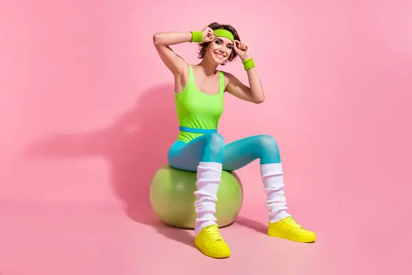 Full Body Portrait Charming Sporty Fitness Blogger Lady Sit Ball — Stock Photo, Image