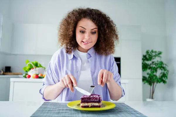 Photo Tricky Pretty Woman Wear Violet Shirt Biting Lip Eating — Stock Photo, Image
