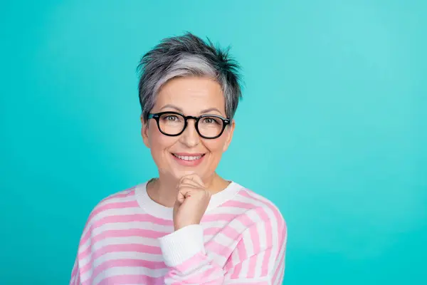 Photo Smart Clever Lady Wear Striped Sweater Spectacles Arm Hand — Stock Photo, Image