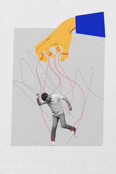 Vertikal Collage Kreativ Affisch Svart Vit Effekt Olycklig Medvetslös Marionett — Stockfoto