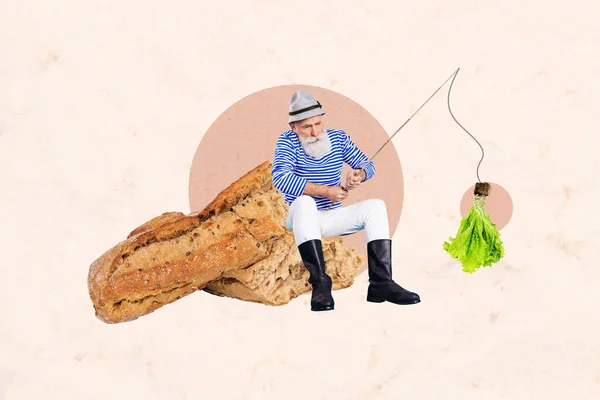Collage 3d pinup pop retro sketch image of funky guy sitting bread fishing green salad isolated beige color background.