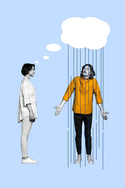 Vertikale Foto Collage Von Beleidigten Mädchen Denken Über Regen Aus — Stockfoto