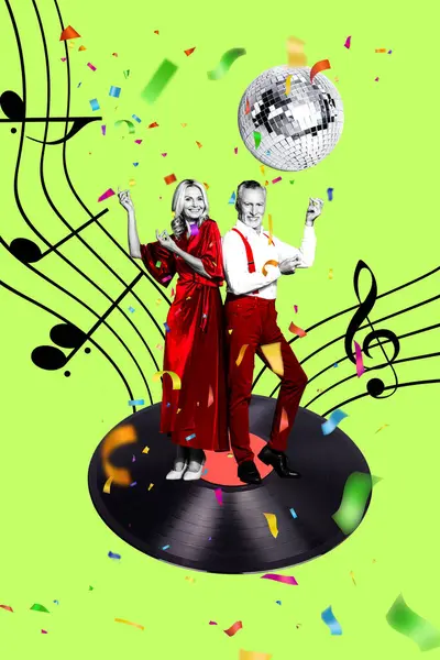Vertical creative collage poster happy couple dancing party event celebration guhe record plate discoball motion good mood.
