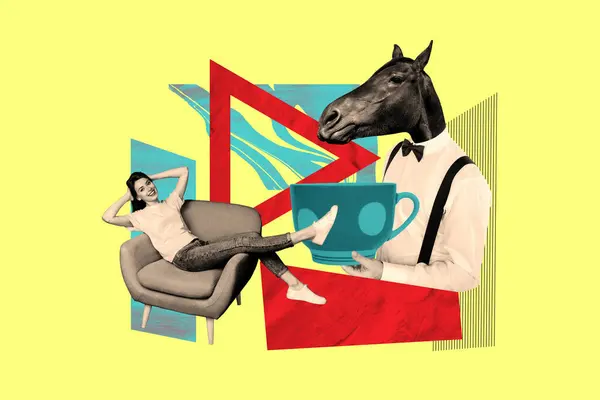 Creative trend collage of waiter horse head tea coffee cup delivery cafe have rest weird freak bizarre unusual fantasy.