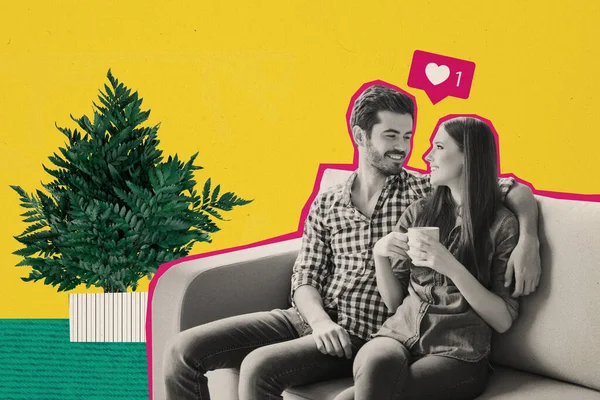 两个和平甜蜜的伴侣坐在沙发上 拥抱着咖啡 就像黄色背景上的通知植物 — 图库照片