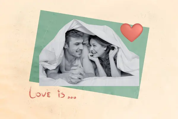 Creative postcard of cute young couple smiling under blanket talk about what is love after sleeping together isolated on beige background.