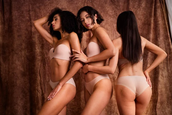 Studio Foto Lockande Sexiga Attraktiva Kvinnor Poserar Pastell Underkläder Isolerad — Stockfoto