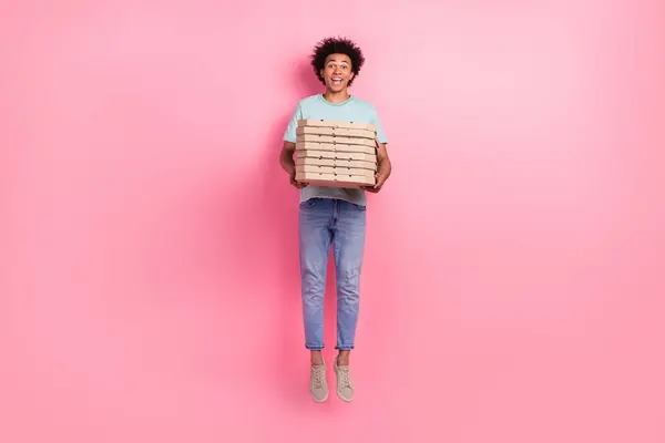 Full Size Photo Nice Young Guy Jumping Deliver Pizza Boxes — Stock Photo, Image