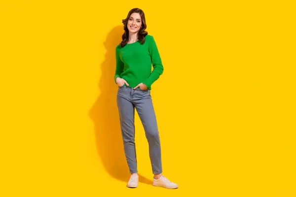 Full Body Size Photo Beautiful Lady Wearing Green Jumper Jeans — Stock Photo, Image
