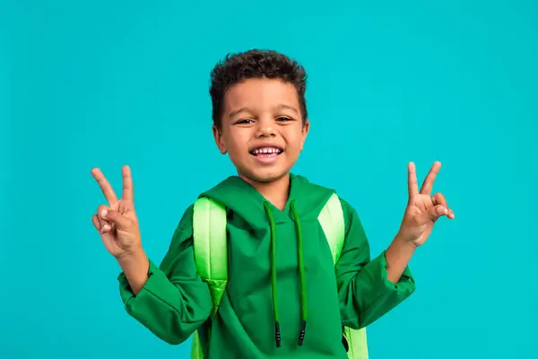 Portrait Cheerful Small Boy Curly Hairstyle Wear Green Hoodie Showing — Stock Photo, Image