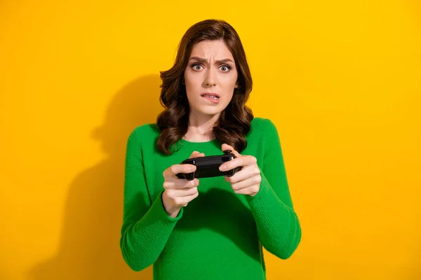 Foto Van Bezorgd Nerveus Meisje Verslaafde Gamer Concurrerende Video Game — Stockfoto