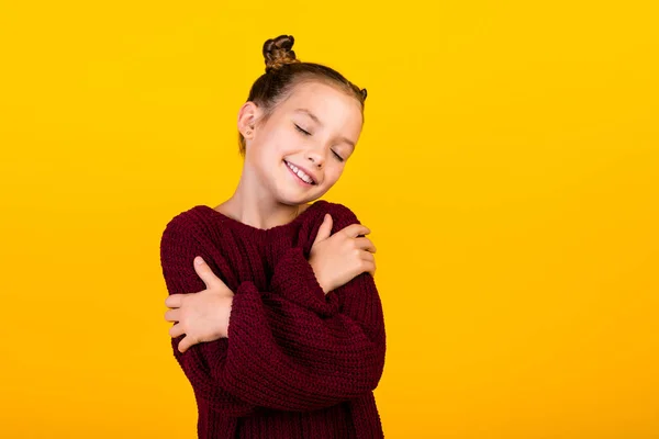 Portrait Little Charming Cheerful Girl Closed Eyes Hands Embrace Shoulders — Stock Photo, Image