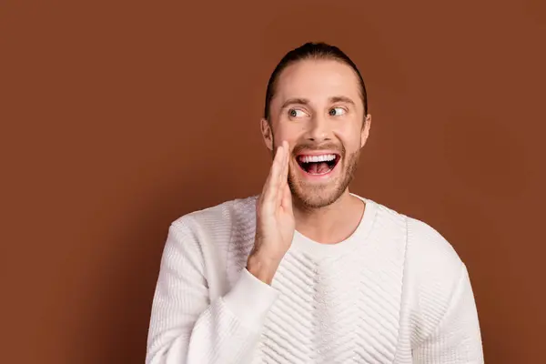 Photo Funky Tricky Man Wear White Sweater Arm Mouth Telling — Stock Photo, Image