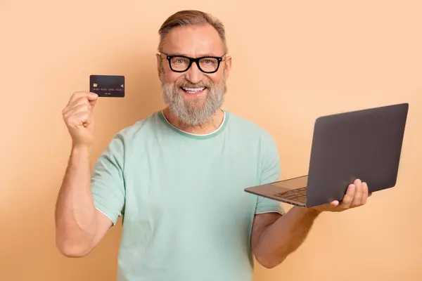 Portrait Toothy Beaming Man Glasses Wear Stylish Shirt Hold Laptop — Stock Photo, Image