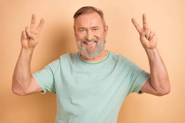 Portrait Toothy Beaming Senior Man Gray Beard Wear Stylish Shirt — Stock Photo, Image