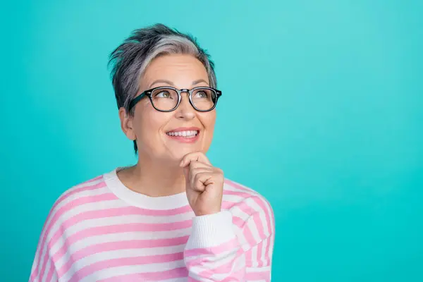 Photo Positive Dreamy Woman Dressed Pink Pullover Eyewear Hand Arm — Stock Photo, Image