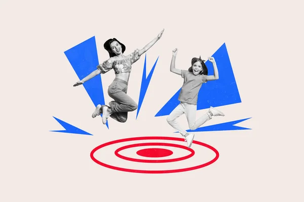 Креативный Плакат Коллаж Смешных Девочек Друзей Семьи Прыгающих Мишеням Дартс — стоковое фото