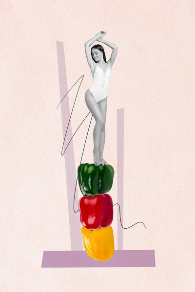 Creativo Collage Vertical Cartel Pie Joven Ajuste Atractivo Chica Vegetariana — Foto de Stock