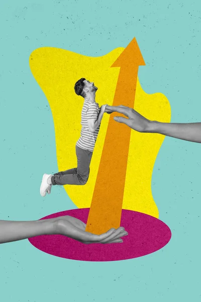 Gambar Kolase Kreatif Vertikal Dari Pria Muda Yang Bahagia Menggantung — Stok Foto
