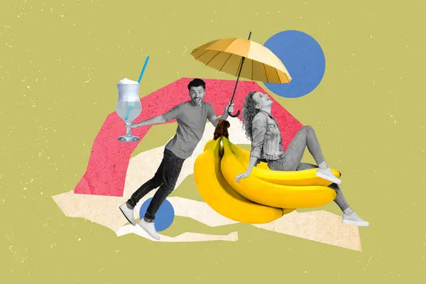 Kreative Werbung Für Die Eröffnung Eines Sommerurlaubs Collage Junger Mann — Stockfoto