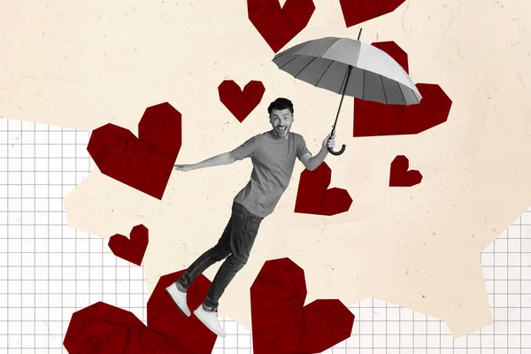 Creative Drawing Collage Picture Funny Man Fly Umbrella Hearts Rain — Stock Photo, Image