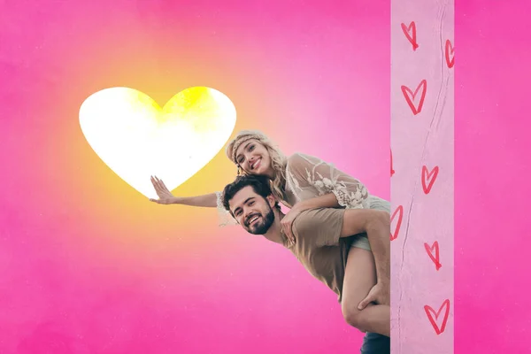 年轻夫妇背靠背情人节爱情约会概念杂志超现实主义比喻的创造性绘画拼贴 — 图库照片