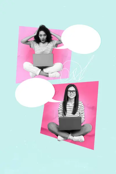Composite Collage Image Funny Girl Chatting Netbook Online Speech Bubble — Stock Photo, Image