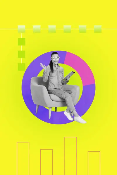 Imagem Colagem Vertical Analista Financeiro Gerente Projeto Mulher Sentado Poltrona — Fotografia de Stock
